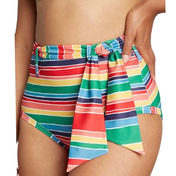 ModCloth NWT Greta Rainbow Stripe Detachable Belt High-Waisted Bikini Bottom MD - Picture 1 of 13